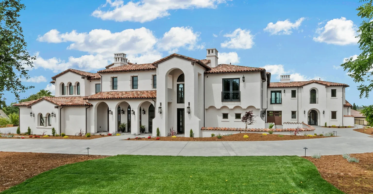 Exterior shot of large, luxury custom home in Folsom, California.